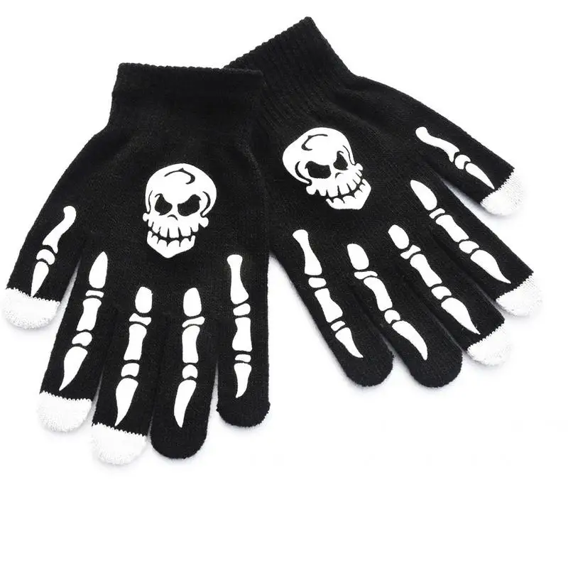 Зимние теплые вязаные перчатки с принтом черепа и скелета лыжные полным пальцем