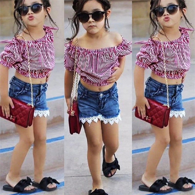 Лидер продаж летние детские комплекты одежды для маленьких девочек клетчатая