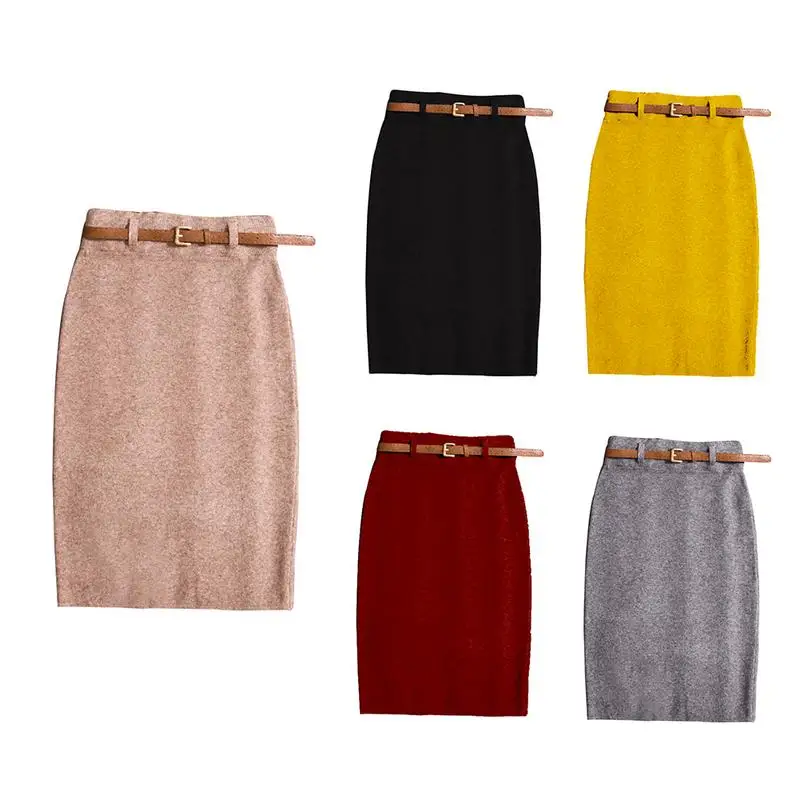 2018 женские миди юбки вязанная однотонная женская юбка карандаш Осенняя зимняя