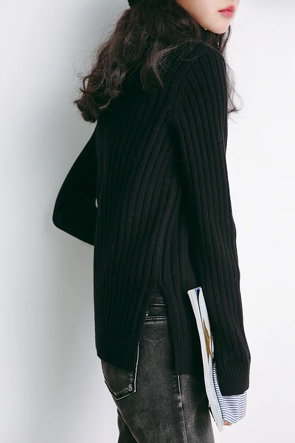 

Women Turtleneck Sweater Fall Winter Knitted Jumper With Shirt Cuffs Black