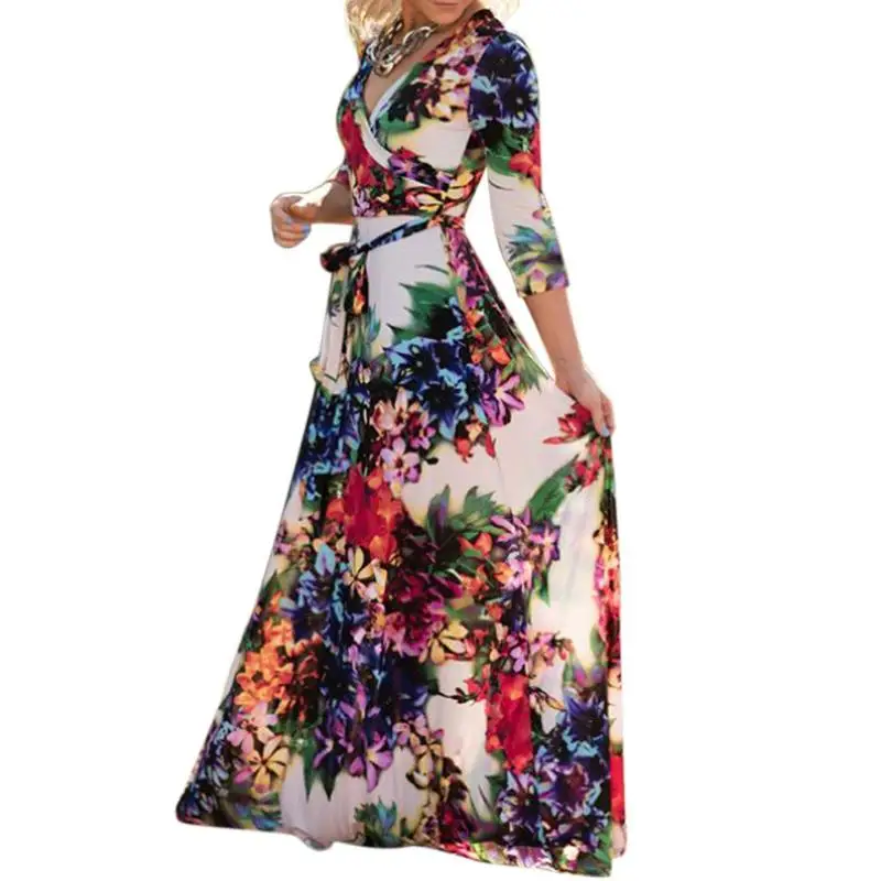2019 Summer Women Long Floral Print Beach Dress Sexy V-neck Slim Fit Short Sleeve Evening Party Belt | Женская одежда