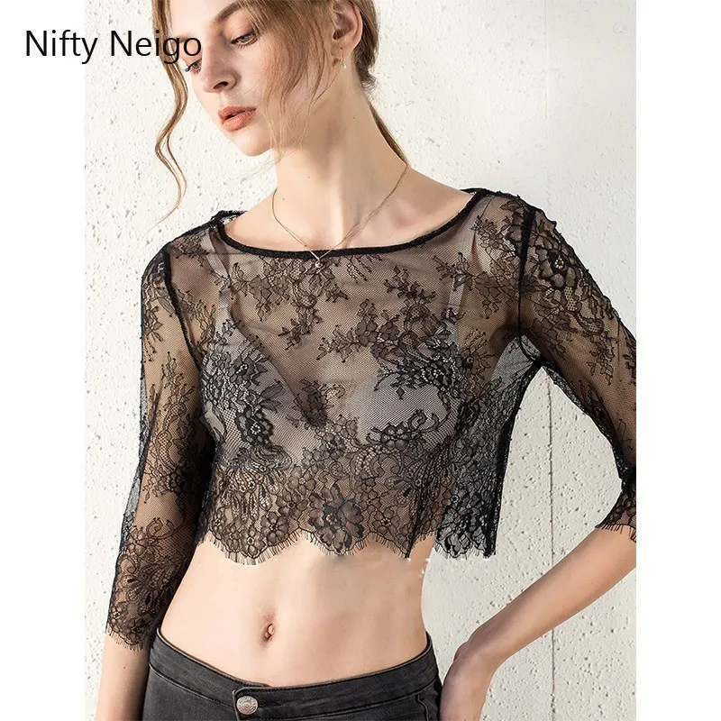 Nifty Neigo Harajuku женские футболки с кружевной сеткой прозрачные короткие летняя