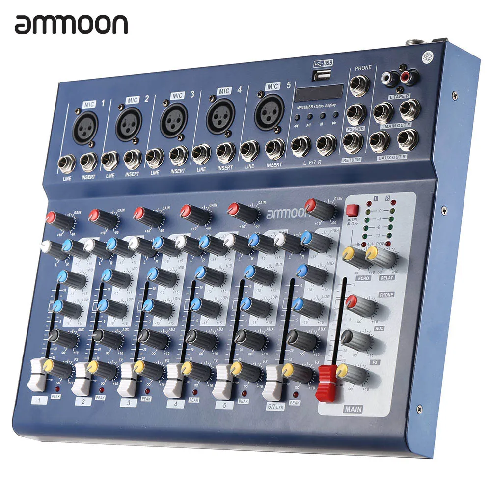 Ammoon F7 USB 7 канальная цифровая микрофонная линейная звуковая микшерная консоль с
