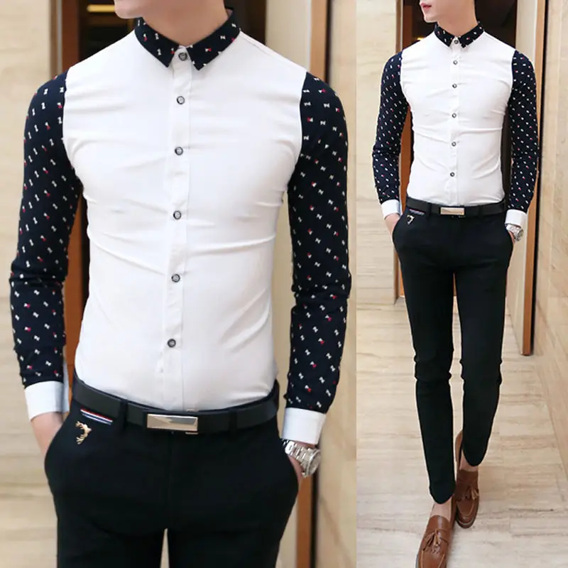 

New Fashion Mens Stylish Luxury Patchwork Dress Shirts Casual Slim Fit Casual Long Sleeve Turn-Down Collar Shirts
