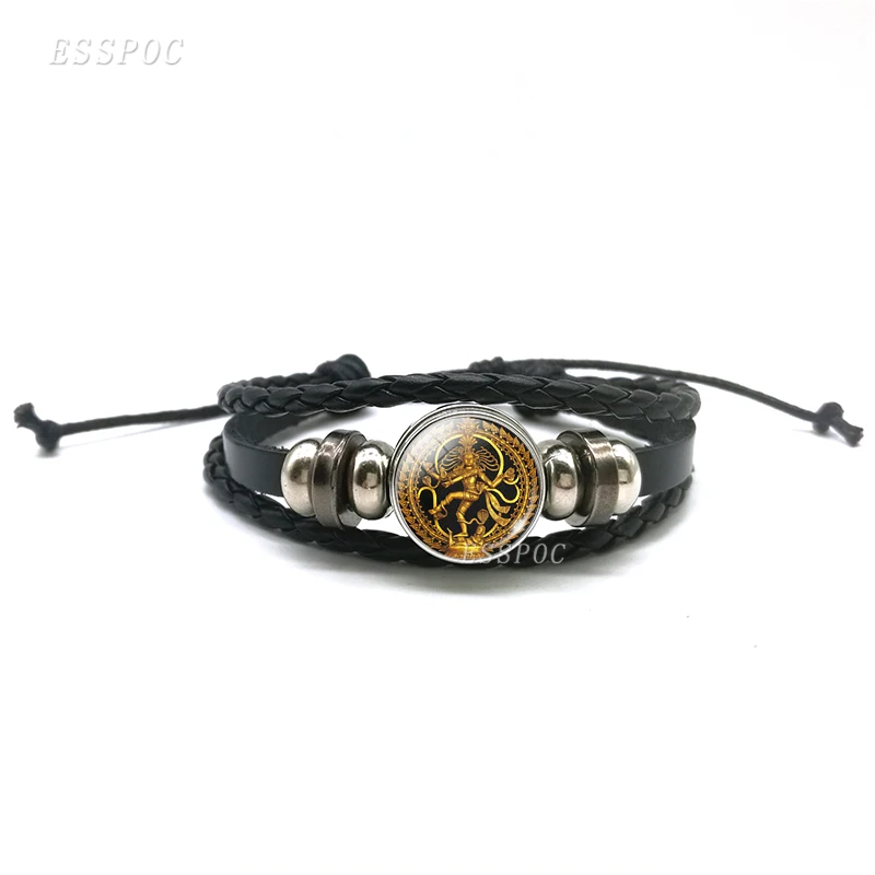 

Statue of Dancing Shiva Black Leather Bracelet , Handmade Glass Cabochon Spiritual Jewelry Bracelets, Special Gift