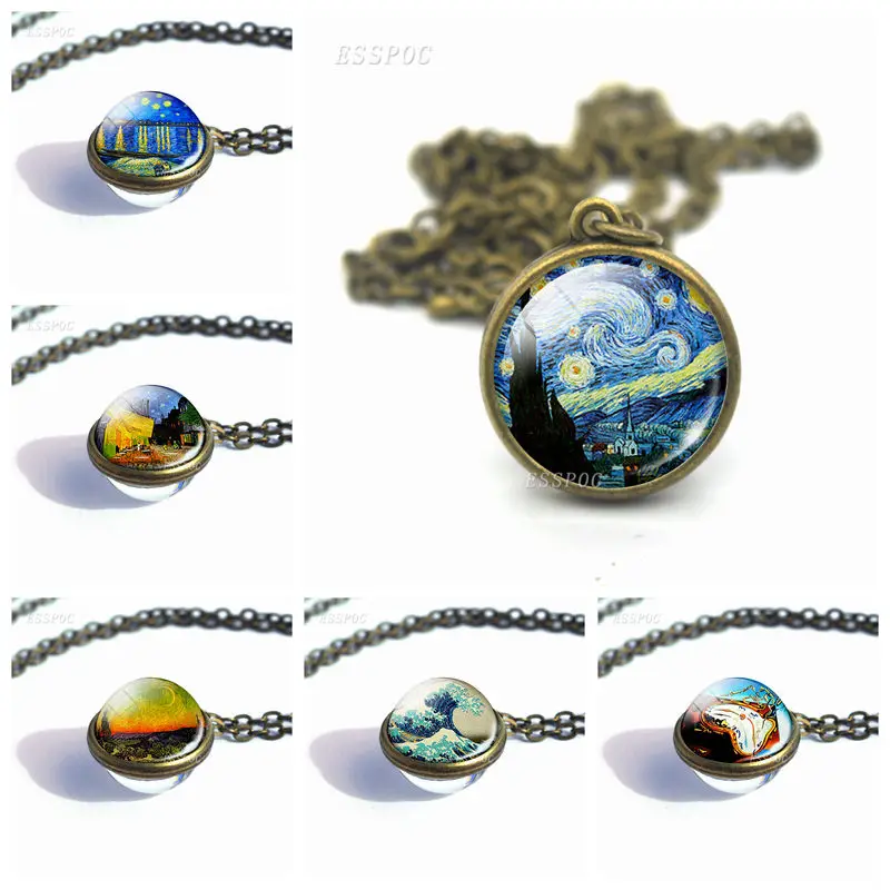

Vintage Starry Night Van Gogh Double Sided Glass Ball Necklace Jewelry Handmade Pendant Necklace For Women men Christmas Gift