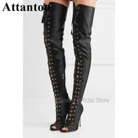 New Arriva Black Red Leather Over The Knee Lace Up Cross Tied Thigh High Boots Spring Women Summer Peep Toe Stiletto Long Boot