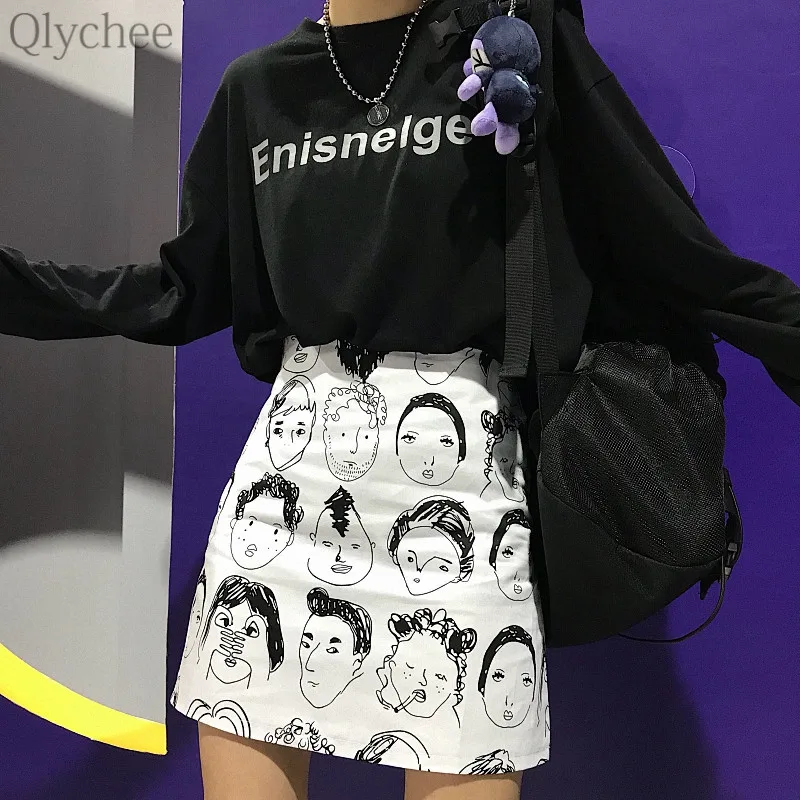 Qlychee с принтом лица Женская юбка высокой талией черно-белые юбки Повседневные