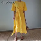 Женское Повседневное платье миди GALCAUR, однотонное асимметричное платье с круглым вырезом, коротким рукавом и бантом, с высокой талией, весна 2020