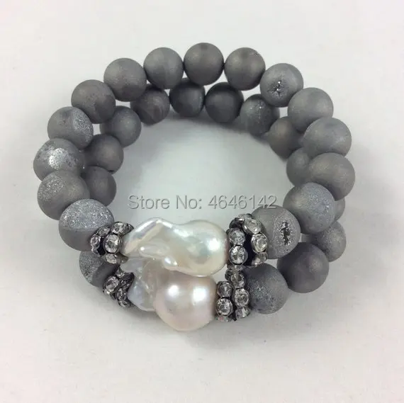 Boho Pave Crystal Beaded Baroque Pearl Gray Silver Drusy Agates Stretch Bracelet