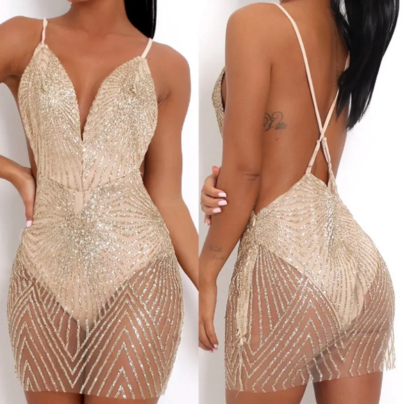 Женское облегающее мини платье с блестками Клубная одежда на бретельках без