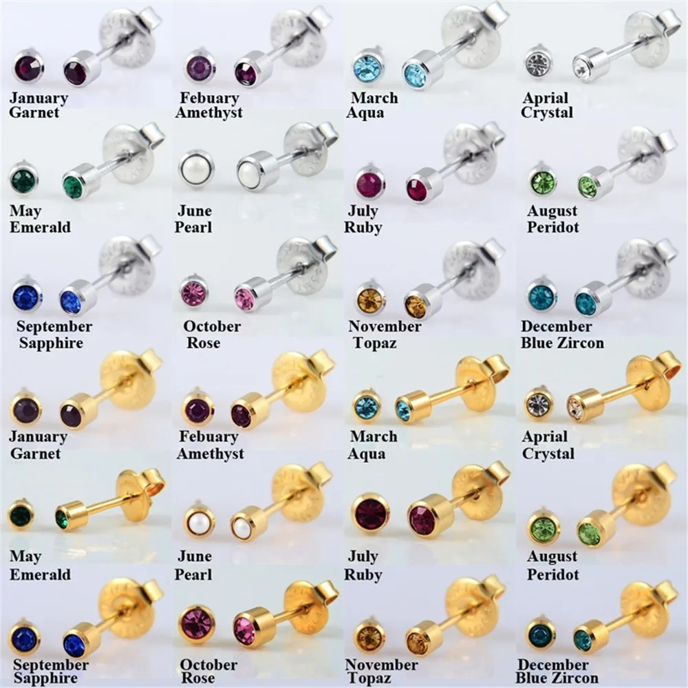 

1 Pairs CZ Gem Birthstone Disposable Ear Piercing Stud Gold Plating&Silver Color Earring Unit For Babies Kids Girls Gifts