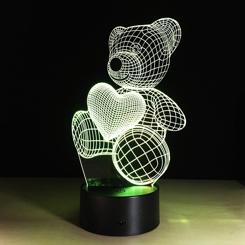 Cartoon Cute Heart Bear Hold Shape Acrylic LED Lamp 3D Night Light For baby children Sleeping Lighting | Лампы и освещение