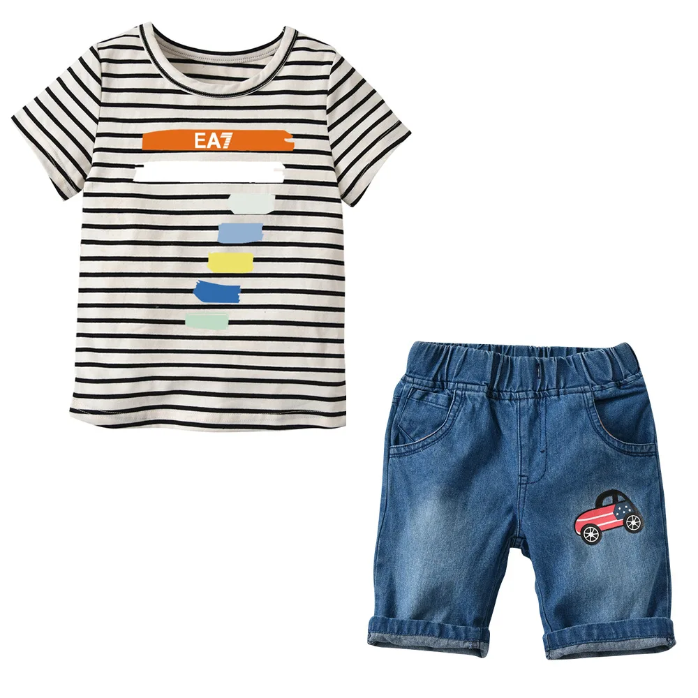 HI&ampJUBER 2019 Baby Boy Clothes Summer Boys Set Cotton Stripe Short Sleeves Clothing Suit |