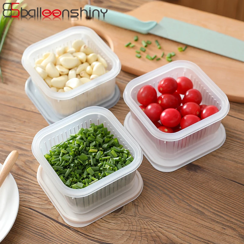 

BalleenShiny PP Square Food Preservation Storage Box with Lip Sealed Double Layer Fruit Condiments Organizer Draining Container