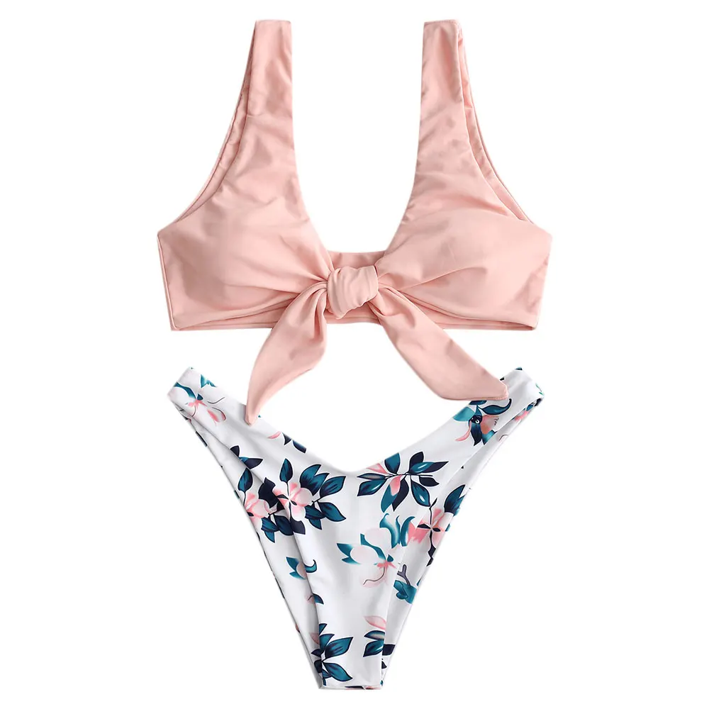 ZAFUL Beachwear Summer Plant Print Tie High Cut Women Set Casual Scoop Collar Padded Crop Top Elastic Shorts Beach Suits | Женская