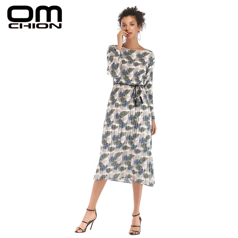OMCHION Vestidos 2019 весна плиссированные с длинным рукавом шифона принтом летнее платье