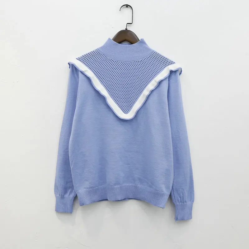 Turtleneck Sweater Woman Fashion 2019 Spring Sweet Mesh Hollow Ruffle Color Block Sweaters Basic Knitted Tops White Blue Apricot | Женская