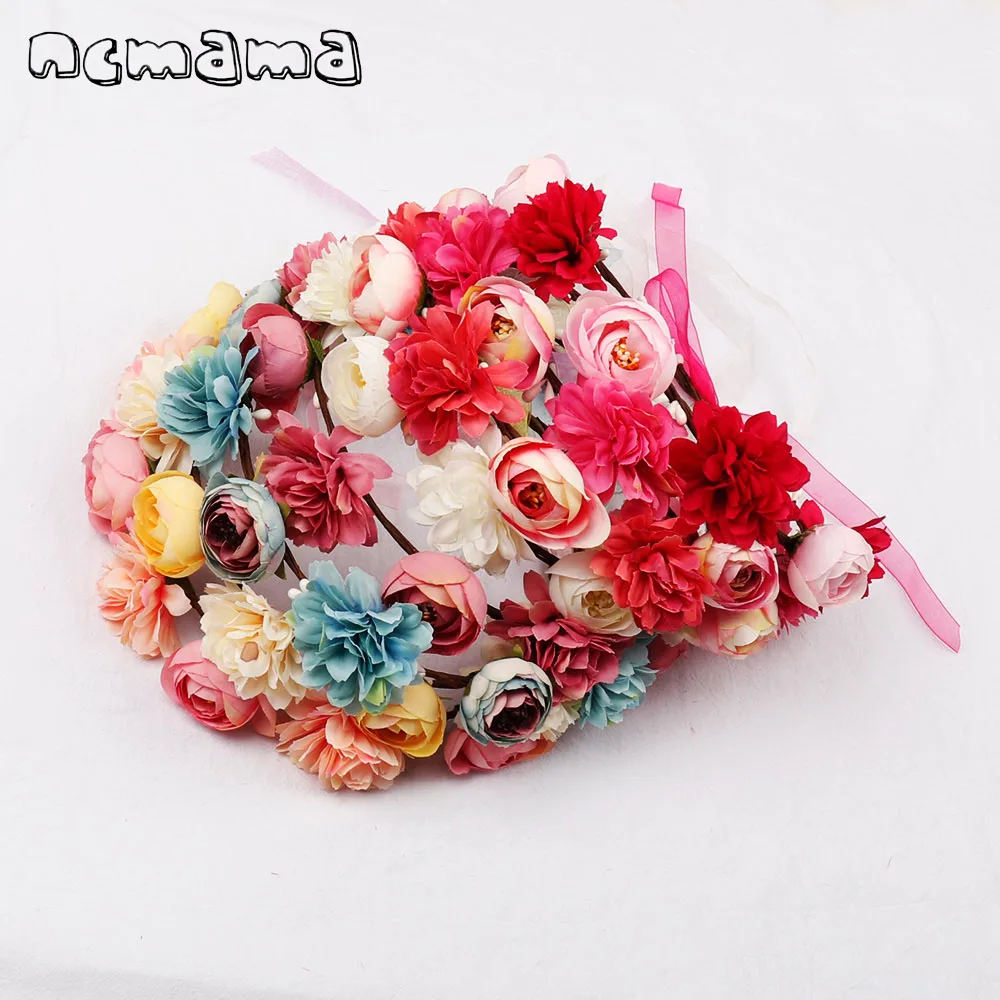 ncmama Hair Accessories Bride Flower Bands for Girls Floral Crown Headband Bezel with Lace Bow Ribbon Accessory | Детская одежда и
