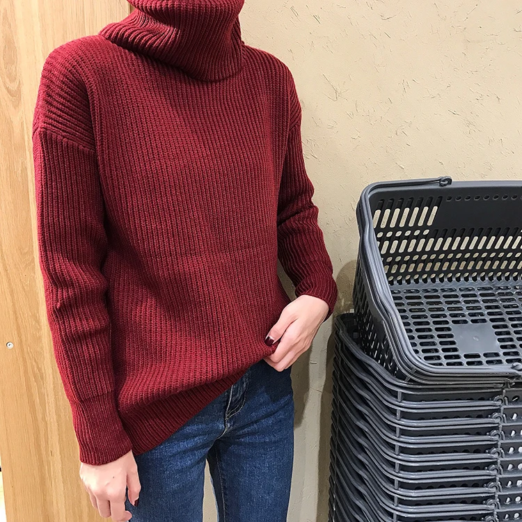 

2018 Autumn Winter Thick Sweaters Women Fashion High Collar Loose Long Sleeve Knitted Pullover Female Warm Solid Jumper Sweater