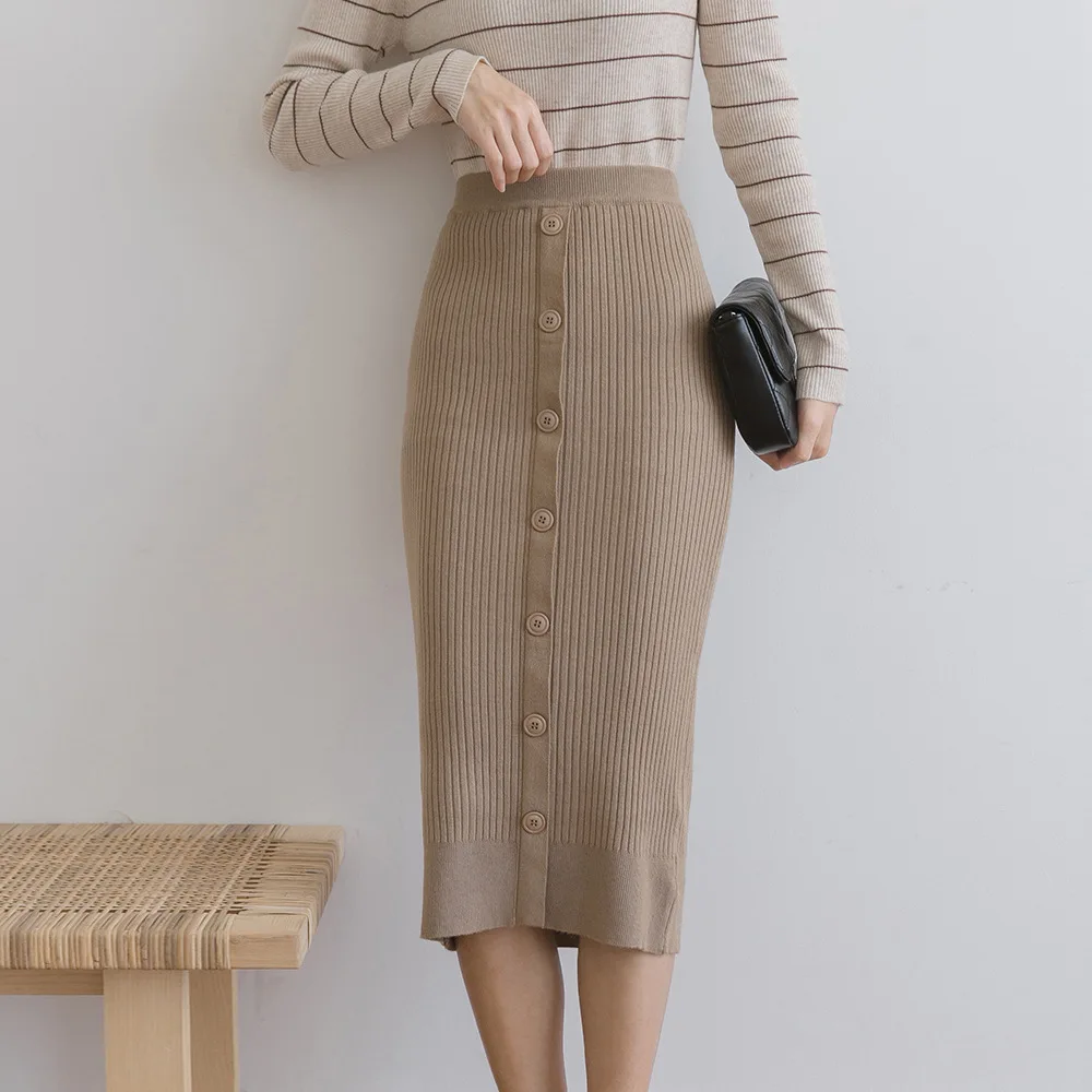 2018 East Gate Suit-dress Autumn Winter New Pattern Concise Core Yarn Single Row Buckle Package Buttocks Half-body Skirt Woman | Женская