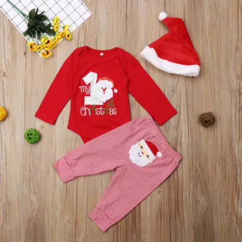 Citgeett Christmas Baby Boy Girl Warm Romper Striped Pants Santa Hat Outfits Set Red Xmas Autumn Winter Clothes | Детская одежда и
