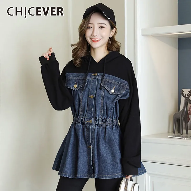 CHICEVER Spring Patchwork Denim Jacket For Women Hooded Long Sleeve High Waist Slim Women's Jackets Fashion Casual Clothes New | Женская