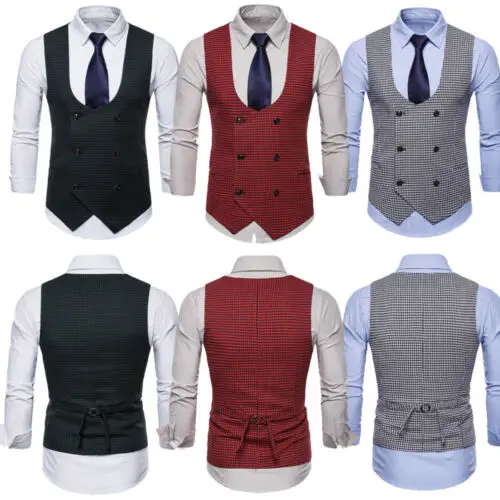 Latest Double-Breasted Slim Men Vest Check Cotton Gentleman Formal Waistcoats Tuxedo Wedding Casual Coat Plus Size | Мужская одежда