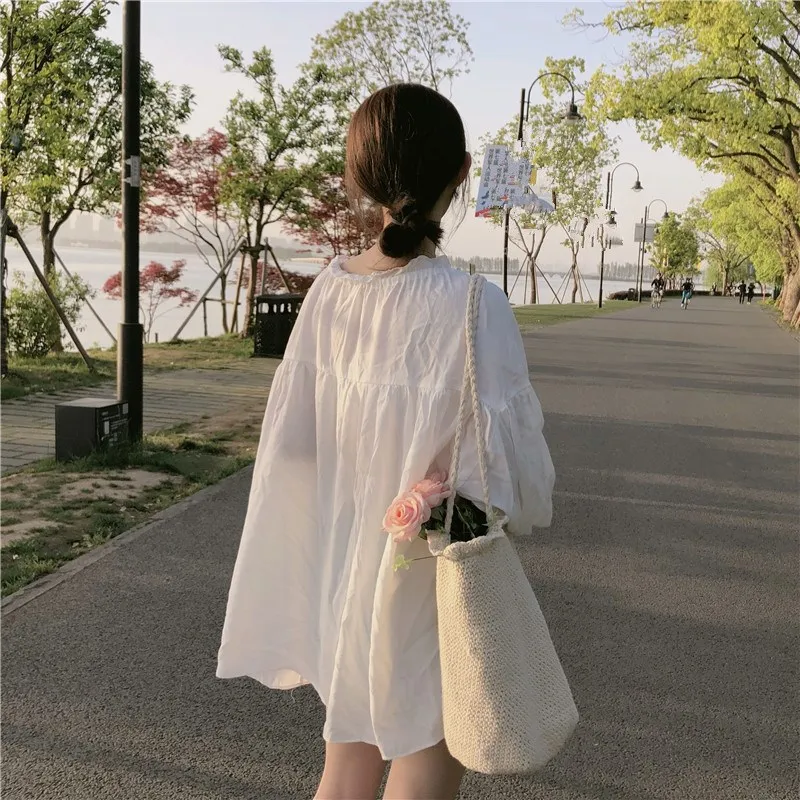 2019 New V Neck Lantern Sleeve Mini Shirt Dress Women Sweet Long Lace Up Summer Casual Solid Dresses | Женская одежда