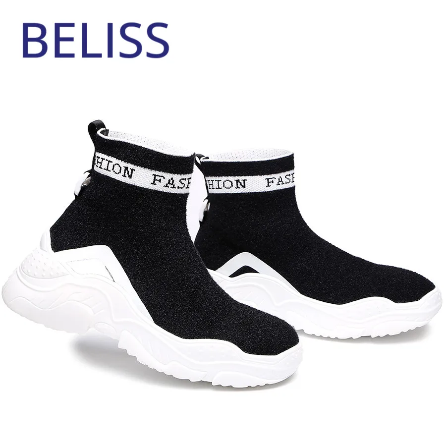 BELISS/2018 г. женские носки ботинки на высокой платформе ботильоны танкетке с круглым