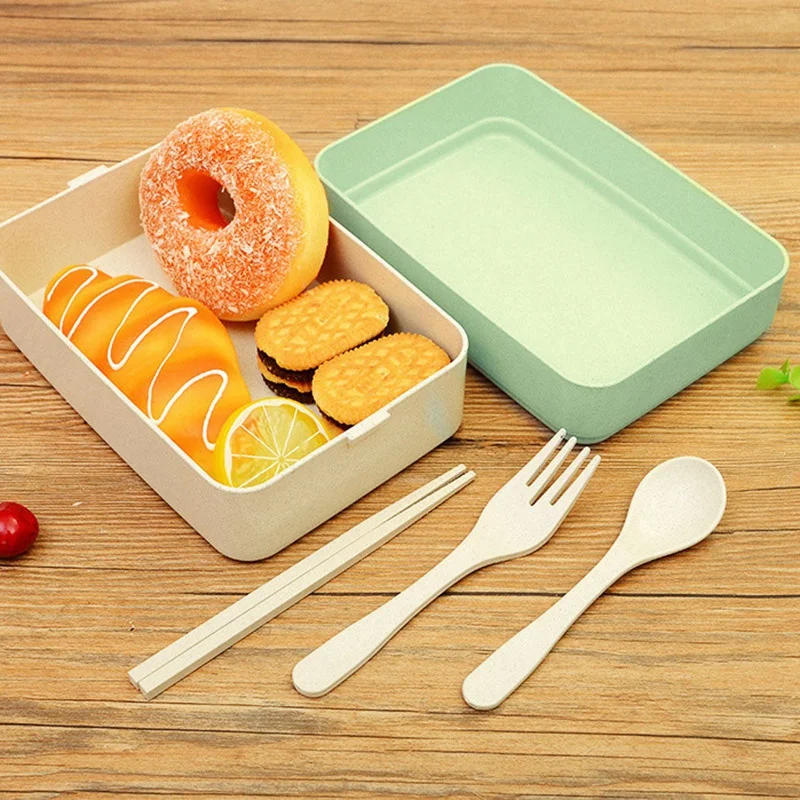 Wheat Straw Bento Box Student Multi-Layer Portable Food Container Lunch For Kids Microwave Chopsticks + Fork +Spoon | Дом и сад