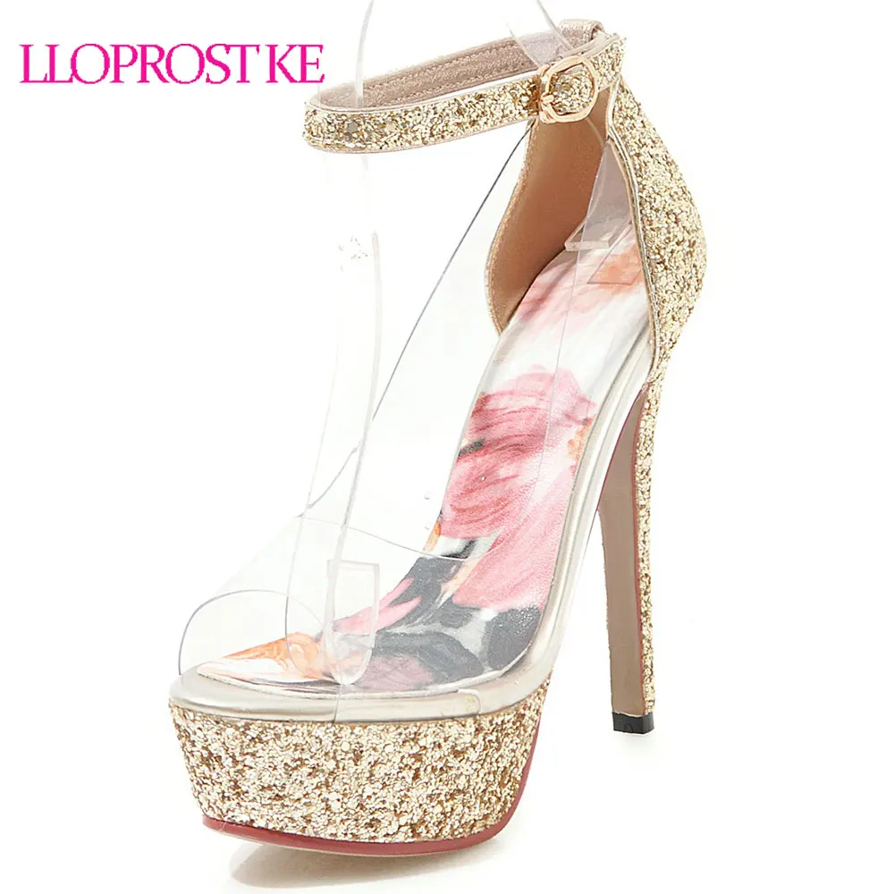 

Lloprost ke модные летние золотые серебряные блестящие свадебные туфли для невесты женские прозрачные туфли на высоком каблуке с открытым носко...
