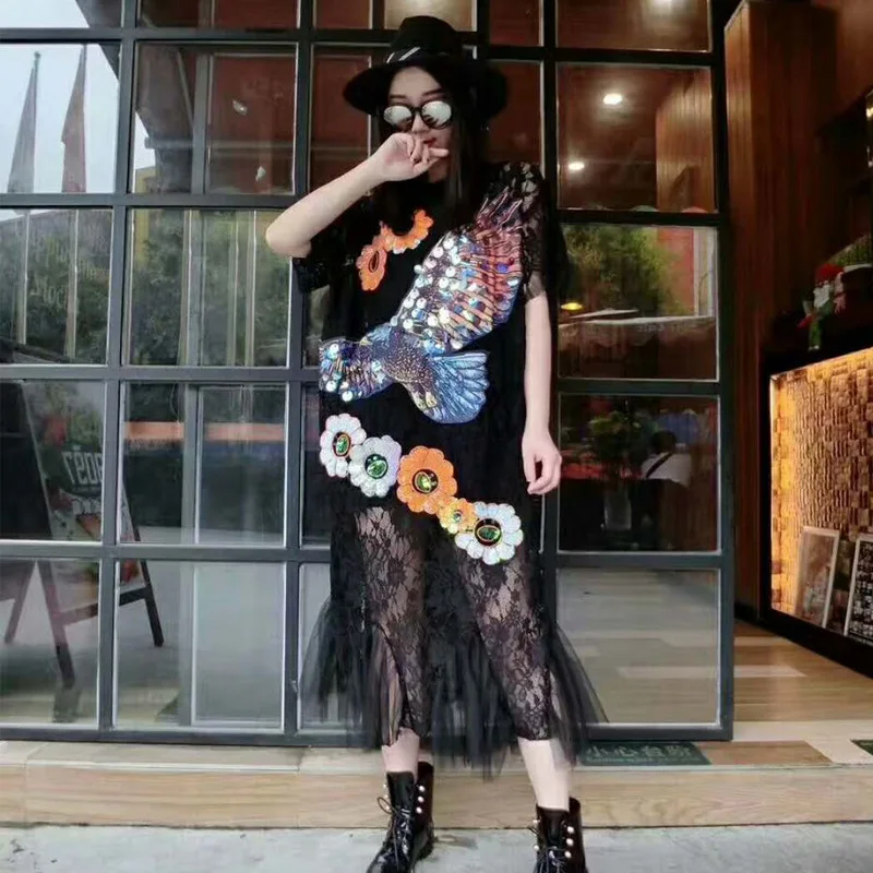 QING MO Sequin Eagle Dress Women Holes Lace Flower Short Sleeve Black Long Patchwork Summer Clothing ZLDM111 | Женская одежда