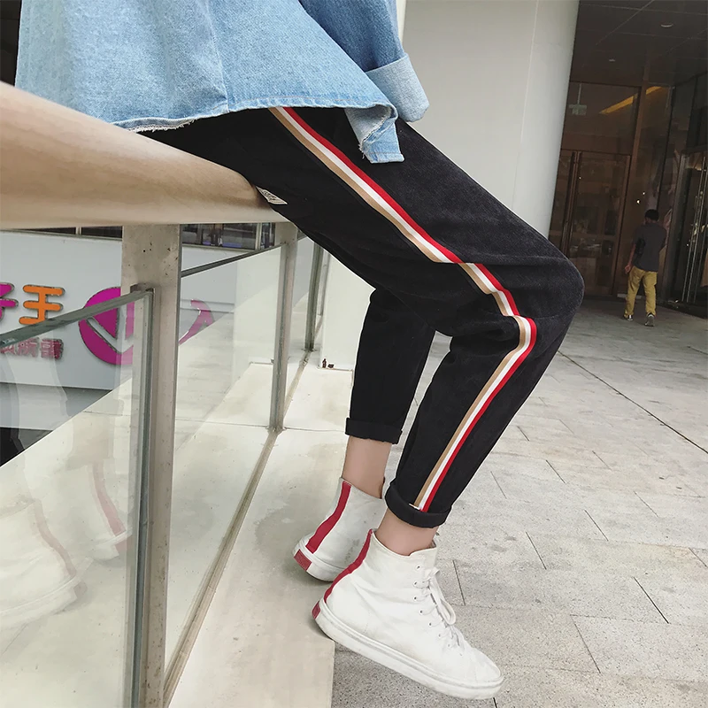 

219 Spring Men's Corduroy Fabric Stripe Printing Weave Bring Leisure Trousers Bound Feet Cotton Casual Pants Joggers Sweatpants