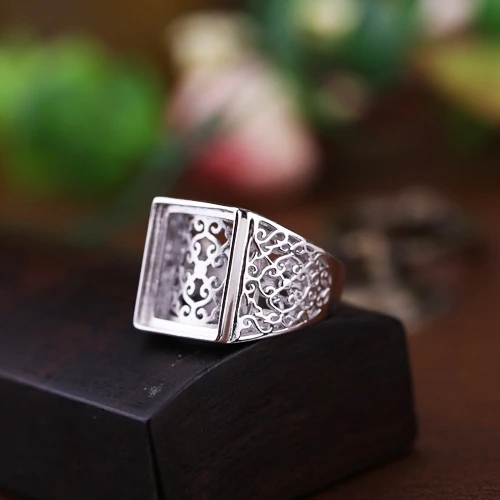 

925 Sterling Silver Engagement Wedding Semi Mount Men Ring for 13x15mm Princess Cabochon Amber Agate Classic Jewelry Setting