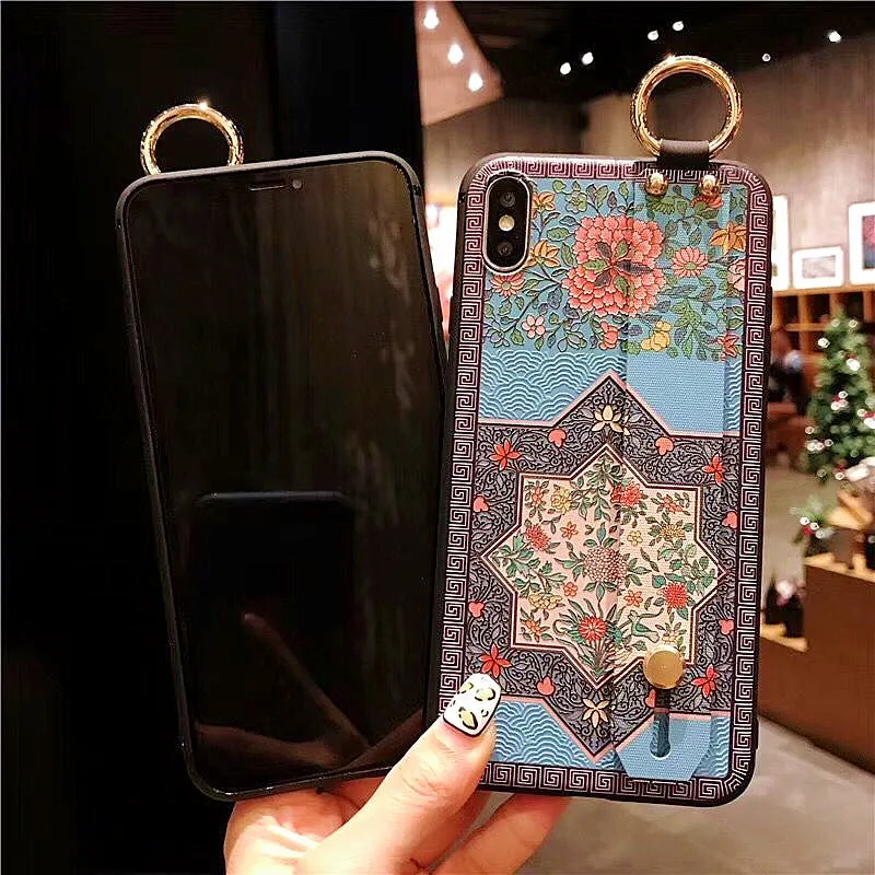 Flowers Wrist Strap Soft Tpu Phone Case For iphone 7 6 8 Plus X Xs Max Xr Flower Embroidery Pattern Cover | Мобильные телефоны и