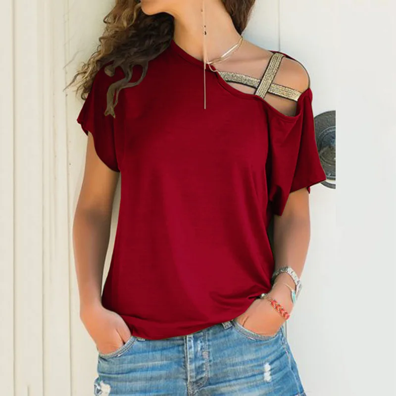 

S-5XL Size Blouse Skew Neck Irregular Criss Cross Blouse For Women Summer Patchwork Tops Blusa Femme Ladies One Shoulder Shirt