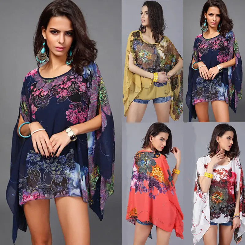 Wooho Loose Batwing Sleeve Chiffon Casual Blouse Shirt Tee Tops Blousemen Sexy Floral Print | Женская одежда