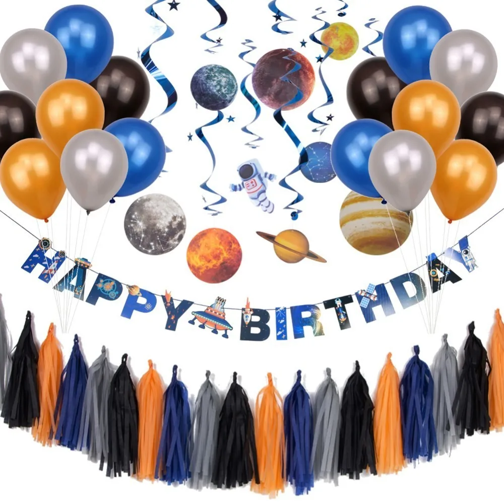 

26pcs Space Theme Plant Pattern Happy Birthday Party Decorations Kids Birthday Balloons Birthday Banner Boys Birthday Supplies