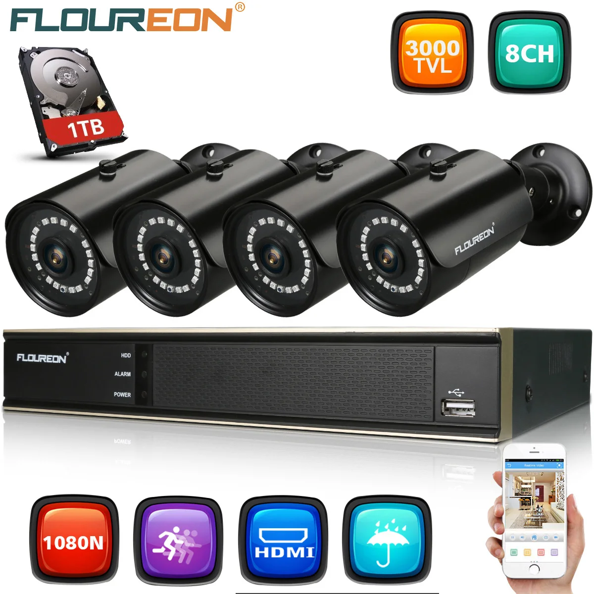 Floureon 1 X 8CH 1080 P 1080N AHD DVR + 4 Открытый 3000TVL камеры ТБ HDD комплект безопасности ЕС CCTV