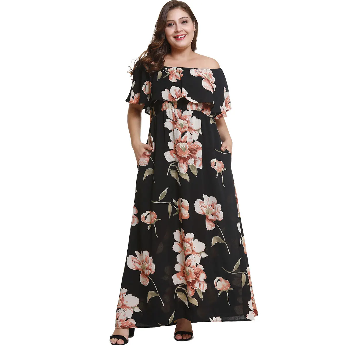 Wipalo Plus Size Floral Ruffled Print Maxi Dress Women Bohemian Off Shoulder Short Sleeve Summer Dresses Clothing Vestidos|Женские