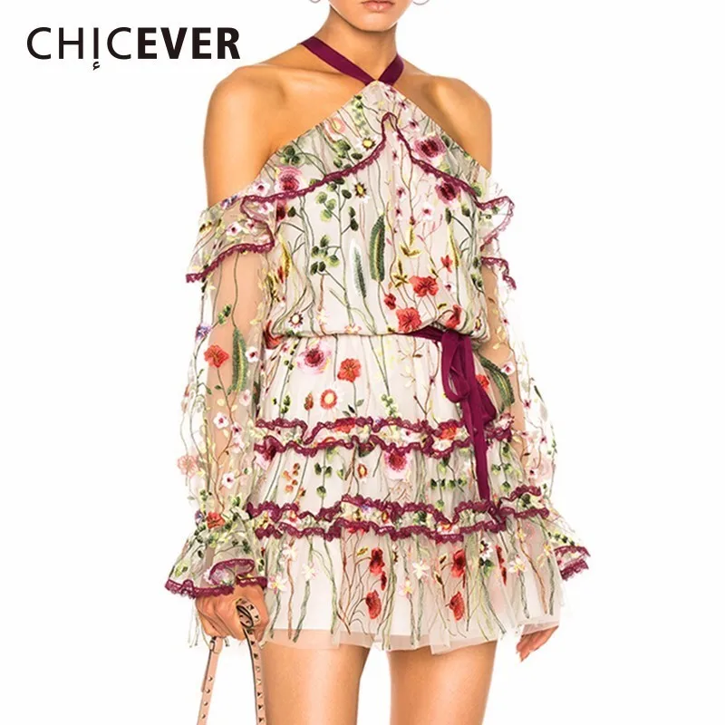 CHICEVER женские сексуальные пляжные летние платья с вышивкой лямкой на шее