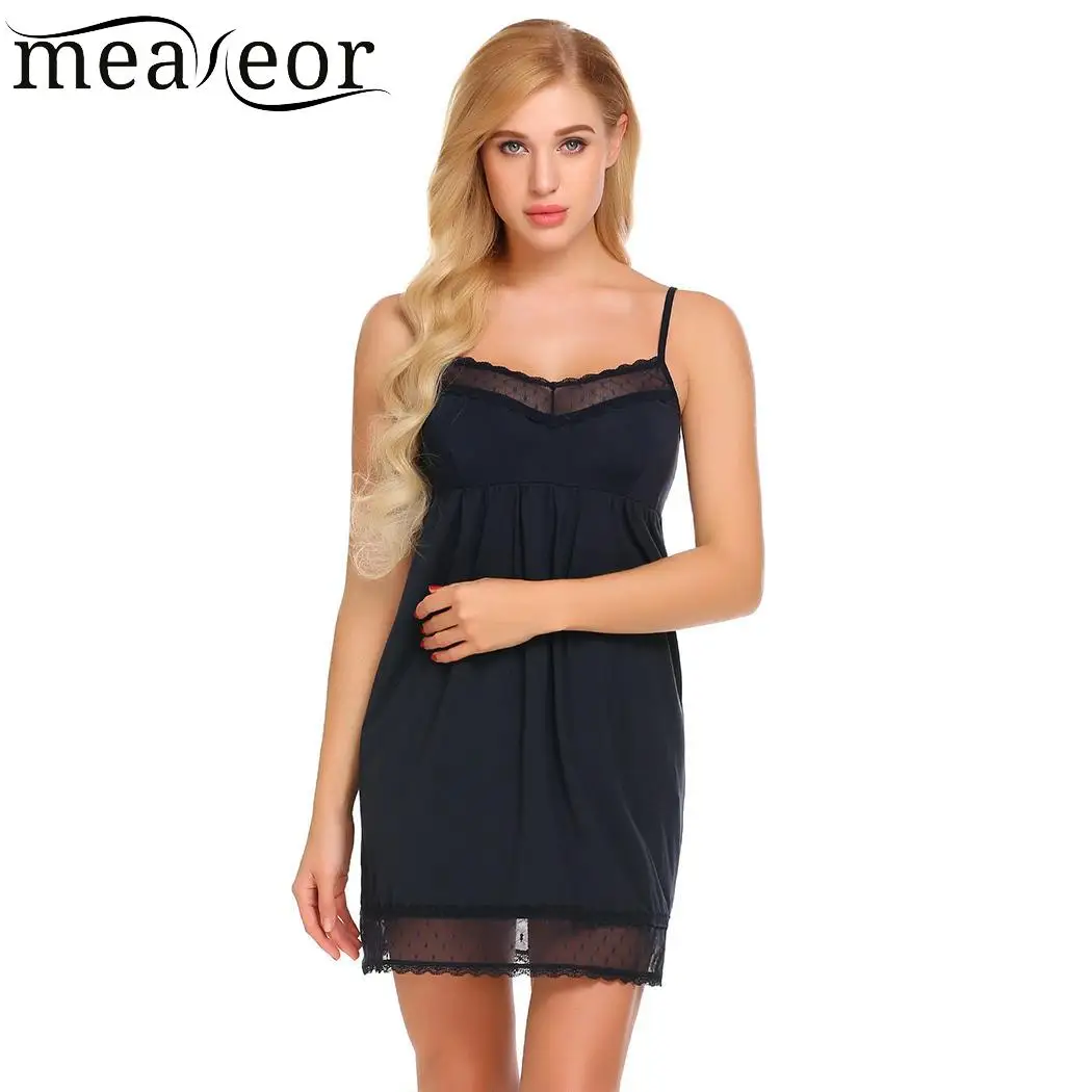Meaneor Lace Trim Women Sleepwear Chemise Nightgown Slip Lingerie Dress Solid Strappy Sleep V Neck Summer Nightwear |