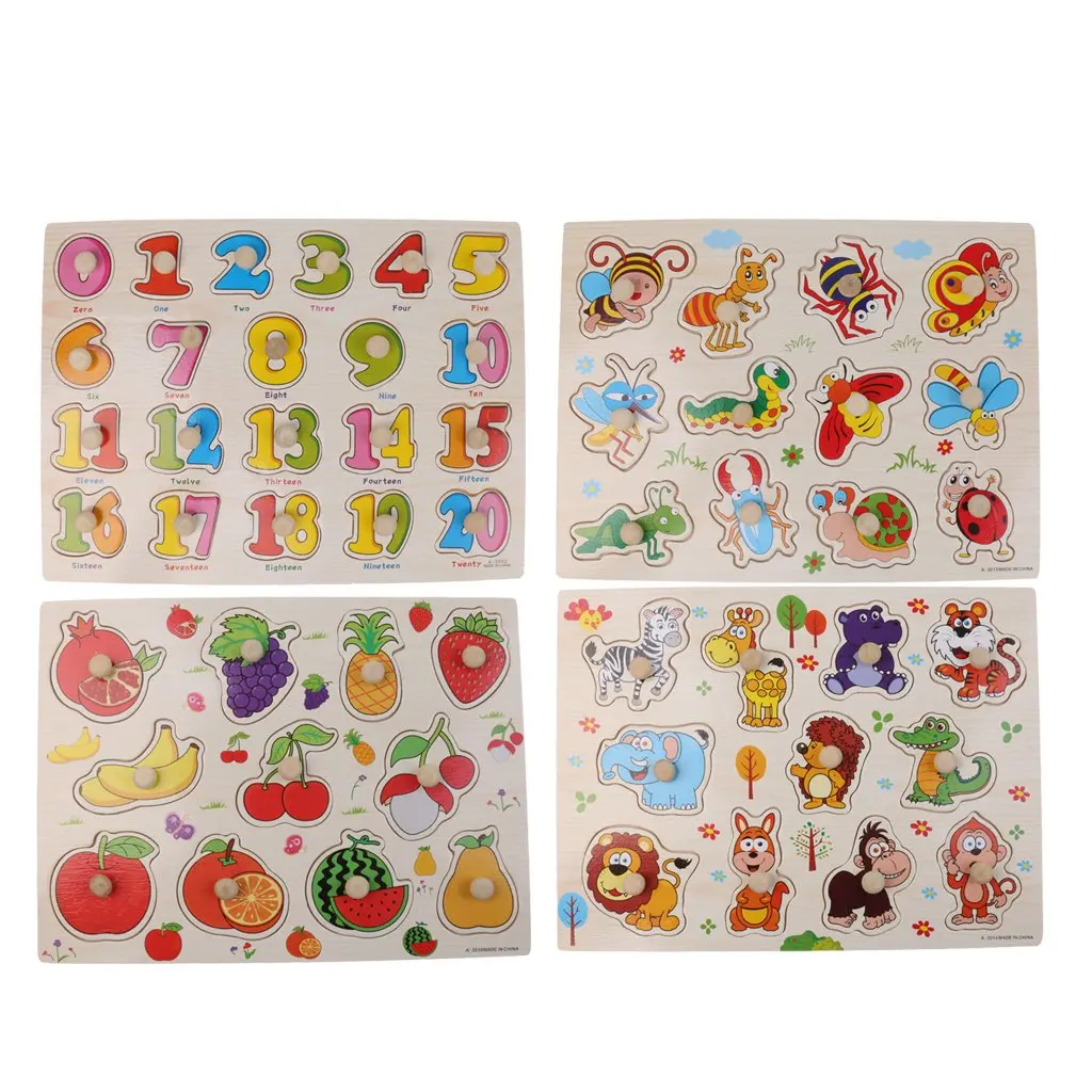 

4 Sets Wooden Number Fruit Animal Puzzles Hand-eye Coordination Early Learning Educational Toys Gift for Children Kids Baby
