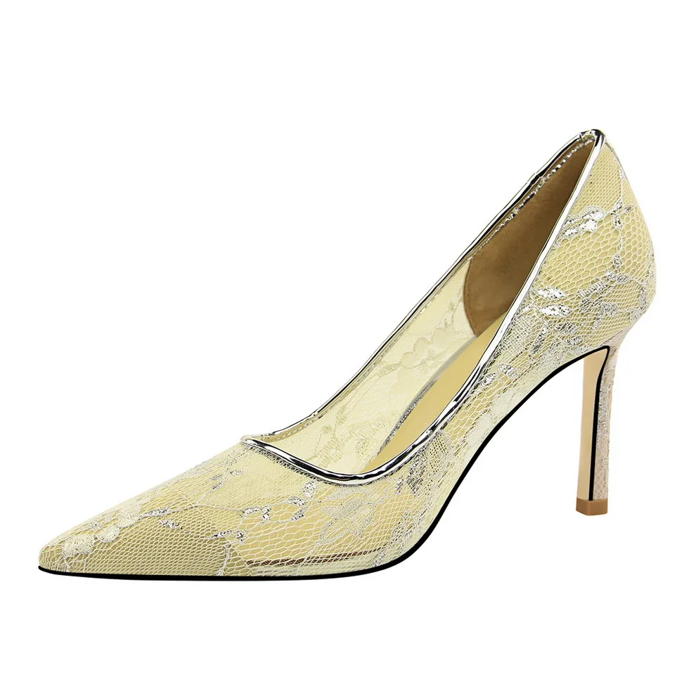 Пикантные кружевные туфли на высоком каблуке Женские тонкие с острым носком G18167-1