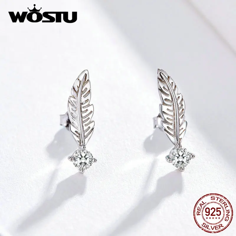 Женские серьги-гвоздики с перьями WOSTU оригинальные из стерлингового серебра 925