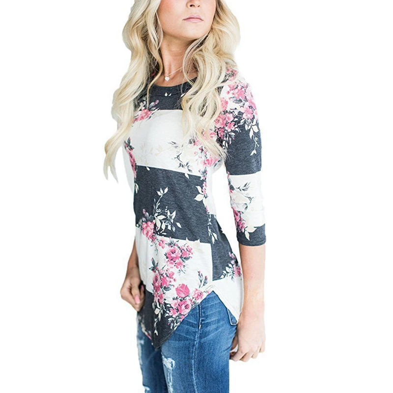 Boho Для женщин блузка с рукавом 3/4 Цветочный принт рубашка Comfy Повседневное топы