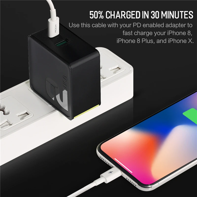 Rock PD type C для освещения зарядный кабель 15 Вт Быстрая зарядка Iphone X 8 Plus Macbook с