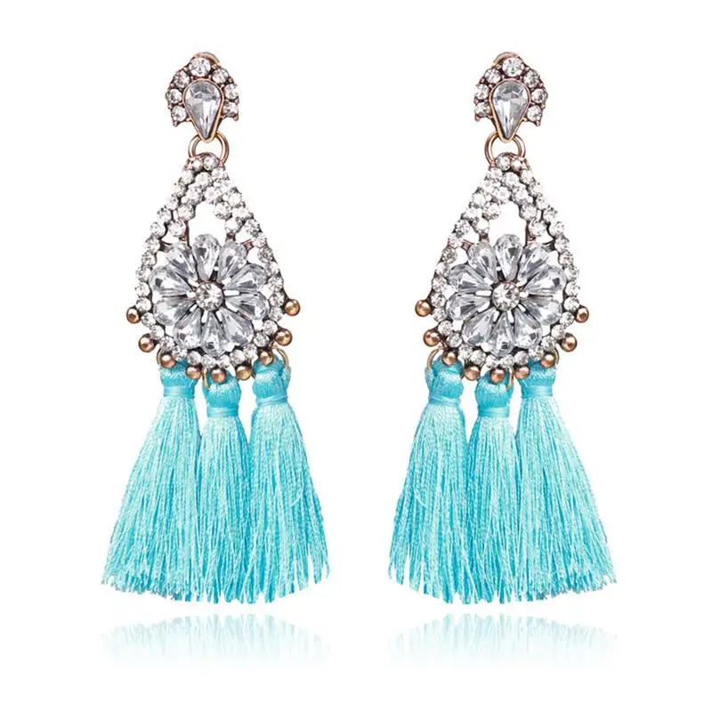 Women's European And American Fashionable All-Match Earrings Bohemian National Style Rhinestone Inlaid Tassel Pendant | Украшения и