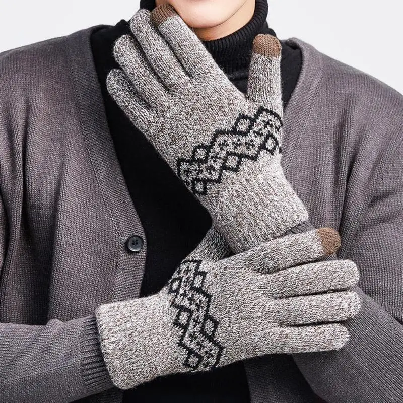 Зимний Уплотнённый тёплый мужской вязаный перчатки с сенсорным экраном для